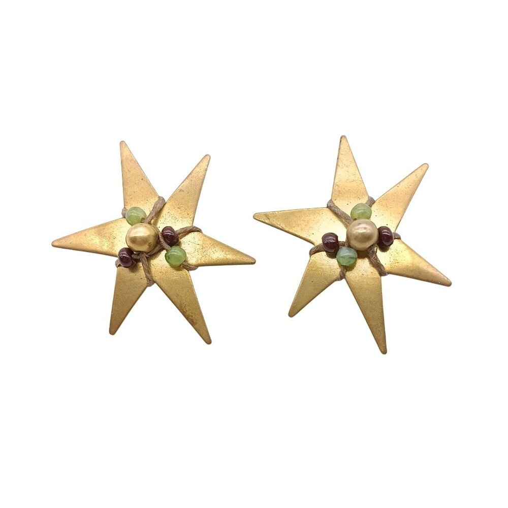 Vintage Brass Starburst Clip-On Earrings with Beaded Accents